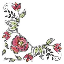 Traditional floral design featuring a detailed pink flowering rose with rich green leaves in a corner frame.
