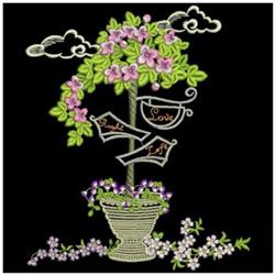 Whimsical flowering tree with purple flowers and green leaves in a decorative pot, featuring two signs, against a black backg