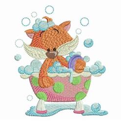 Playful fox with orange fur relaxing in pink bathtub with green polka dots, surrounded by light blue bubbles.