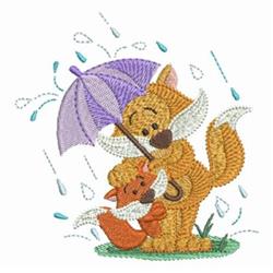Cute yellow fox with a purple umbrella over a smaller orange fox, surrounded by whimsical water droplets.