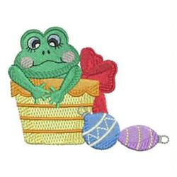 Playful frog applique peeking from a yellow basket with red bow, surrounded by colorful eggs in a cheerful spring scene.