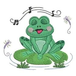 Playful frog sitting on a lily pad with musical notes above. Two dragonflies flutter nearby, creating a whimsical scene.