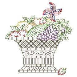 Basket of fruits featuring watermelon, grapes, and apples with decorative leaves and floral design in linear embroidery.