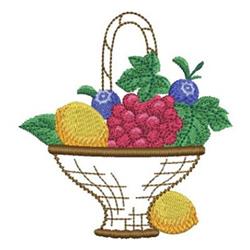 Colorful basket of fruits featuring grapes, blueberries, and lemons, perfect for cheerful spring and summer embroidery.