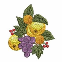 Colorful fruit bouquet featuring golden oranges, purple grapes, green leaves, and red berries.