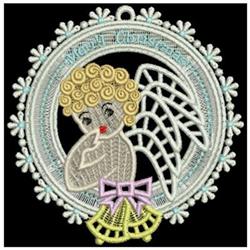 FSL angel with curly yellow hair and purple bow, framed by blue and white flowers, adds whimsy to Christmas decor.