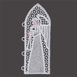 FSL angel in delicate lace design within an arched window frame, featuring intricate patterns and soft pink accents for Chris