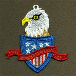 FSL bald eagle head with detailed feathers and yellow beak atop a blue shield with stars and stripes, perfect for patriotic e