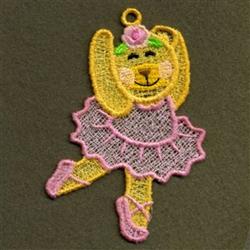FSL ballet bear in joyful pose, yellow coat, pink tutu, and flower on head, perfect for dance recitals.