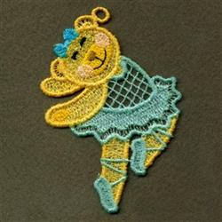 FSL ballet bear in a blue tutu with a netted bodice, cheerful yellow color, posed elegantly.