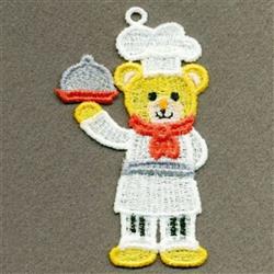 FSL bear in a chef outfit with a red scarf, smiling while holding a silver serving tray, playful cartoon style.