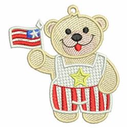 FSL bear in red and white striped overalls cheerfully holding a flag, celebrating Independence Day.