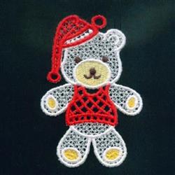 FSL bear ornament with soft gray fur, red hat, and vest, featuring intricate lace for a whimsical holiday touch.