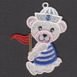 FSL bear wearing a striped sailor outfit and hat, cheerfully holding a red flag with a playful, colorful design.