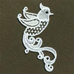 FSL bird with delicate lace-like textures, swirling designs, and elegant movement, contrasting white against a dark backgroun