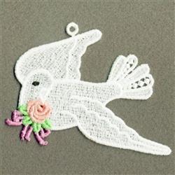 FSL bird with delicate lacework holding a pink rose, surrounded by green leaves on a soft grey background.