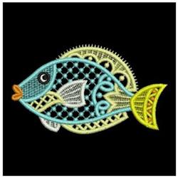 FSL blue fish with a bright yellow tail and intricate patterns on a black background.