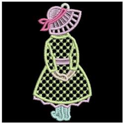 FSL female figure in a pastel dress and bonnet, hands clasped, with a charming whimsical style.