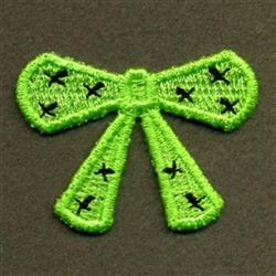 FSL bow in vibrant green with black accents, featuring neat stitching and a textured look on a uniform background.