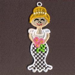 FSL bride character with bright blonde hair, cheerful smile, holding pink flowers, in a flowing white gown.