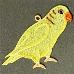 FSL budgerigar in vibrant yellow with an orange beak and black eye, standing on a neutral gray background.