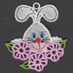 FSL bunny head with floppy ears and a friendly smile, surrounded by pink flowers and green leaves, perfect for Easter.