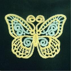 FSL butterfly with intricate blue and yellow threads, showcasing delicate lace patterns against a dark background.