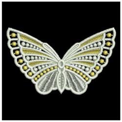 FSL butterfly with intricate yellow and silver wing patterns on a black background, showcasing delicate craftsmanship.
