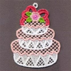 FSL cake design showcasing a three-tiered white cake with pink accents, adorned with a red bow and delicate flower.