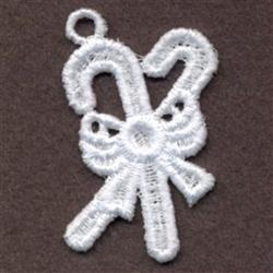 FSL candy canes intertwine with an intricate white bow on a dark brown background, perfect for Christmas décor.