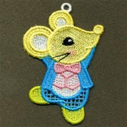 FSL cheerful mouse in a blue jacket and pink bowtie, raised arm, playful design with vibrant colors.