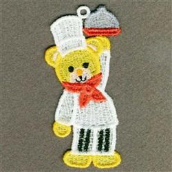 FSL bear in chef outfit with white hat and red scarf, holding platter, vibrant cartoon style.
