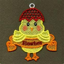 FSL chick with rosy cheeks wearing a red hat and holding an 'Easter' banner, adorned with orange hearts for a playful Easter