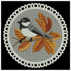 detailed autumn bird machine embroidery pattern - FSL Chickadee for kitchen aprons