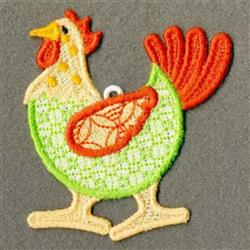 FSL chicken in a playful pose with a green body and vibrant orange comb, featuring textured feather details.