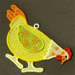 FSL chicken with a cheerful yellow body, vibrant orange comb, and green wing with dots, set against a dark background.