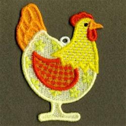 FSL chicken with vibrant yellow body, orange comb and tail, and green accents on a dark background.