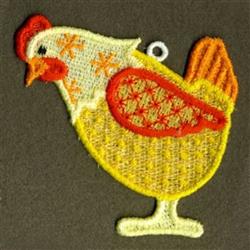 FSL chicken with a vibrant yellow body, a bright red comb, and orange accents, set against a dark backdrop.