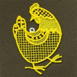 FSL chicken outlined in bright yellow thread with a mesh texture against a dark brown background.