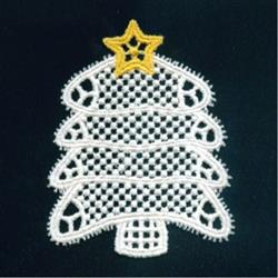 FSL Christmas tree in white lace features three tiers, detailed craftsmanship, and a bright yellow star for festive charm.