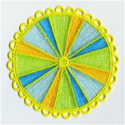 FSL circular design with a scalloped yellow border, vibrant blue and green segments create a lively pattern.