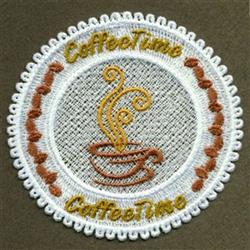 FSL coffee cup design with steam, 'CoffeeTime' text, earthy colors, and a decorative lace border.