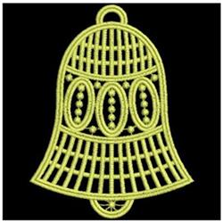 FSL decorative bell in bright yellow with intricate bead accents and vertical stripes, perfect for holiday decor.