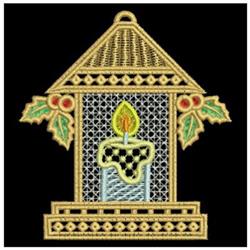 FSL decorative lantern with a peaked roof, warm lit candle, green holly leaves, and vibrant red berries, perfect for holidays