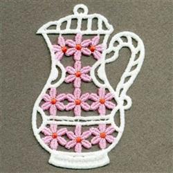 FSL decorative pitcher featuring delicate white lace and intricate pink floral designs, perfect for elegant home decor.