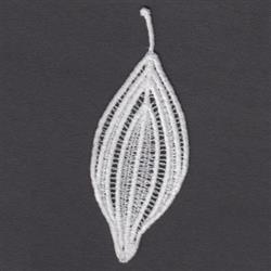 FSL delicate leaf with intricate veins and curled tip, embroidered in white on a dark background.