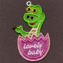 FSL playful design of a cheerful green dinosaur emerging from a pink eggshell with 'Lovely baby' text, perfect for a baby sho