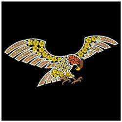 FSL eagle in flight with vibrant yellow, orange, and brown feathers, detailed outstretched wings on a black background.