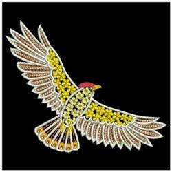 FSL eagle in flight with vibrant feathers in yellow, brown, and red, showcasing intricate wing designs against a black backgr