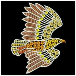 FSL eagle in flight features vibrant browns and yellows, with detailed wings and textures against a black background.